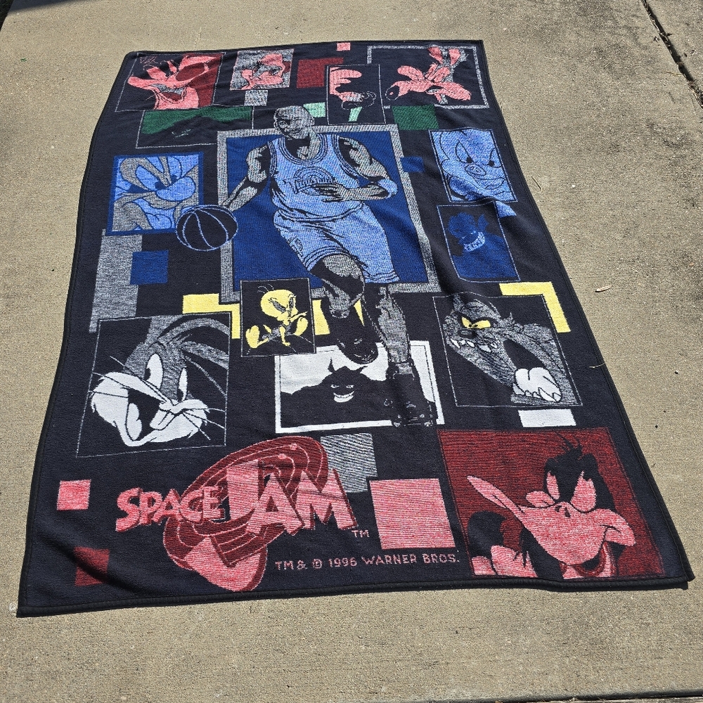 Space Jam Blanket Throw 1996 Michael Jordan Looney Toons Vintage 58" X 82"